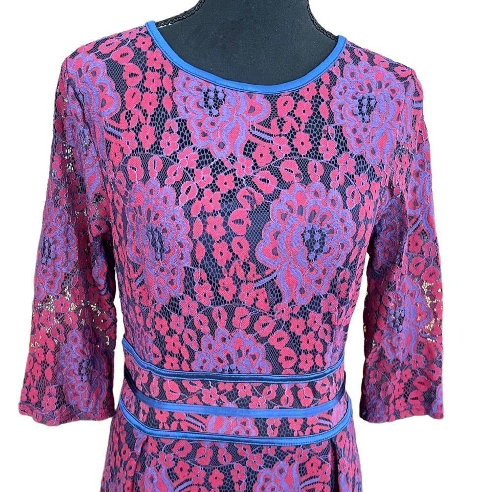 MIUSOL red/blue lace lined fit and flare midi dress w/ elbow length sleeves sz M - Picture 2 of 8